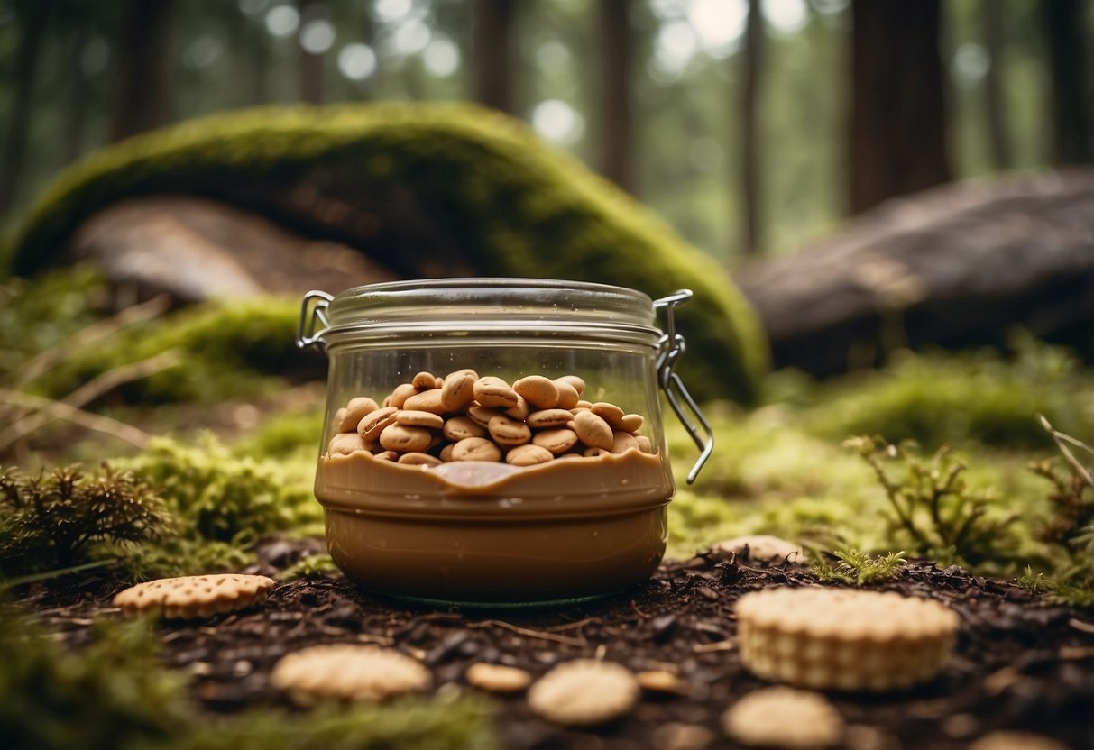 A wildlife watching trip with GoMacro MacroBar Peanut Butter Chocolate Chip snacks scattered on a forest floor, surrounded by curious animals