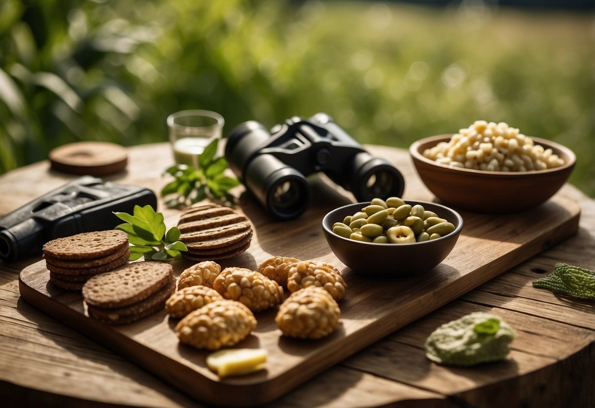 A spread of healthy snacks arranged on a rustic wooden board, surrounded by lush greenery and wildlife, with a pair of binoculars and a field guide placed nearby