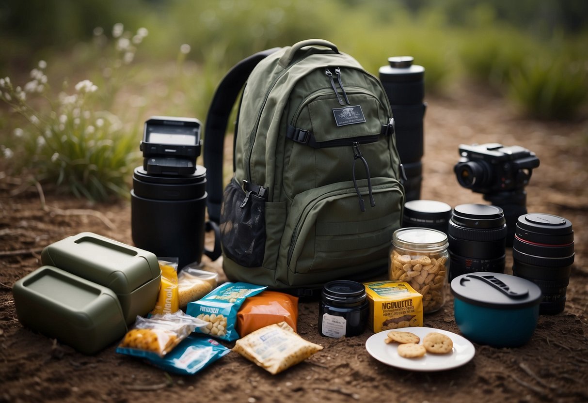 A backpack open on the ground, surrounded by wildlife watching gear. Inside, neatly packed, are 10 different types of delicious snacks, each labeled with its name and expiration date