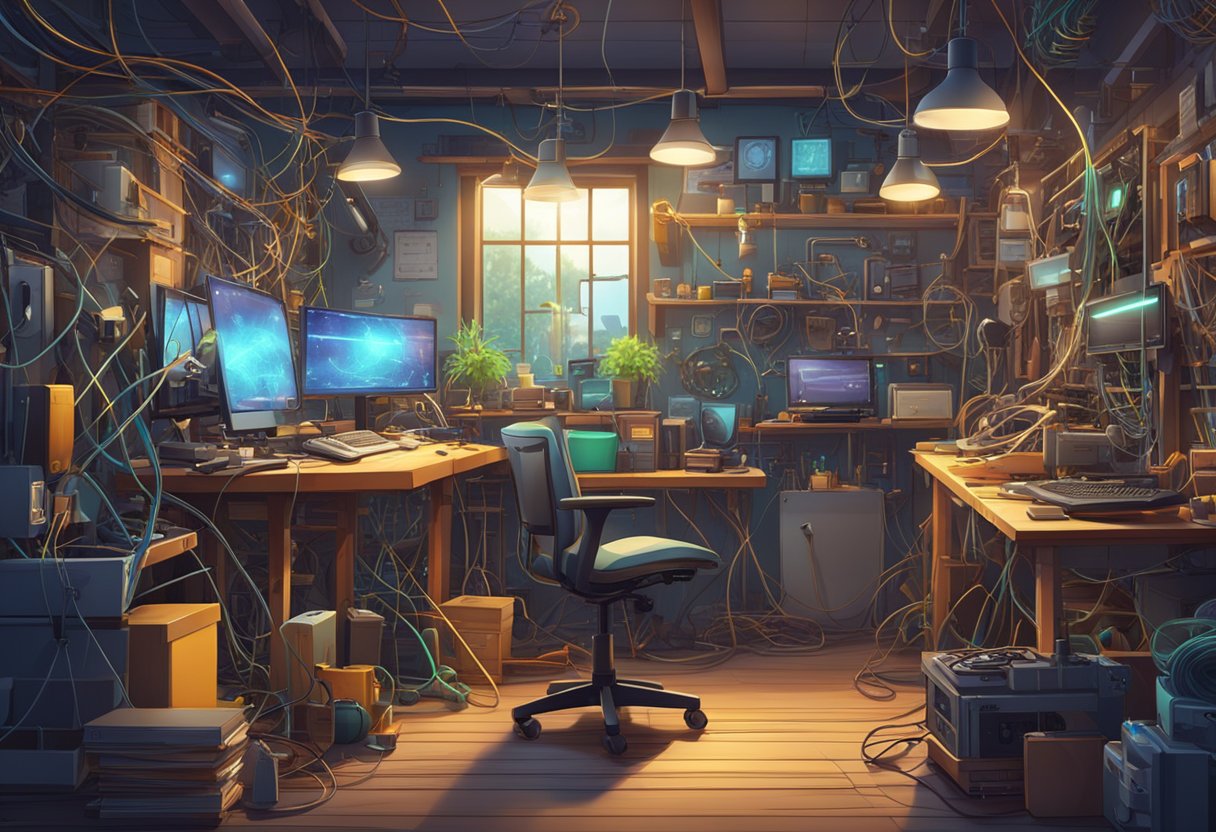 A cluttered workshop with glowing screens and tangled wires, showcasing innovative gadgets and technology