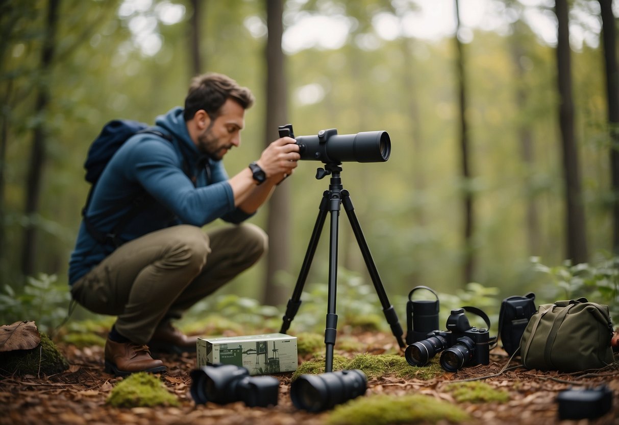 A person setting up a tripod and camera near a wooded area, with binoculars, a map, and a first aid kit laid out nearby. Bird feeders and a birdhouse are visible in the background