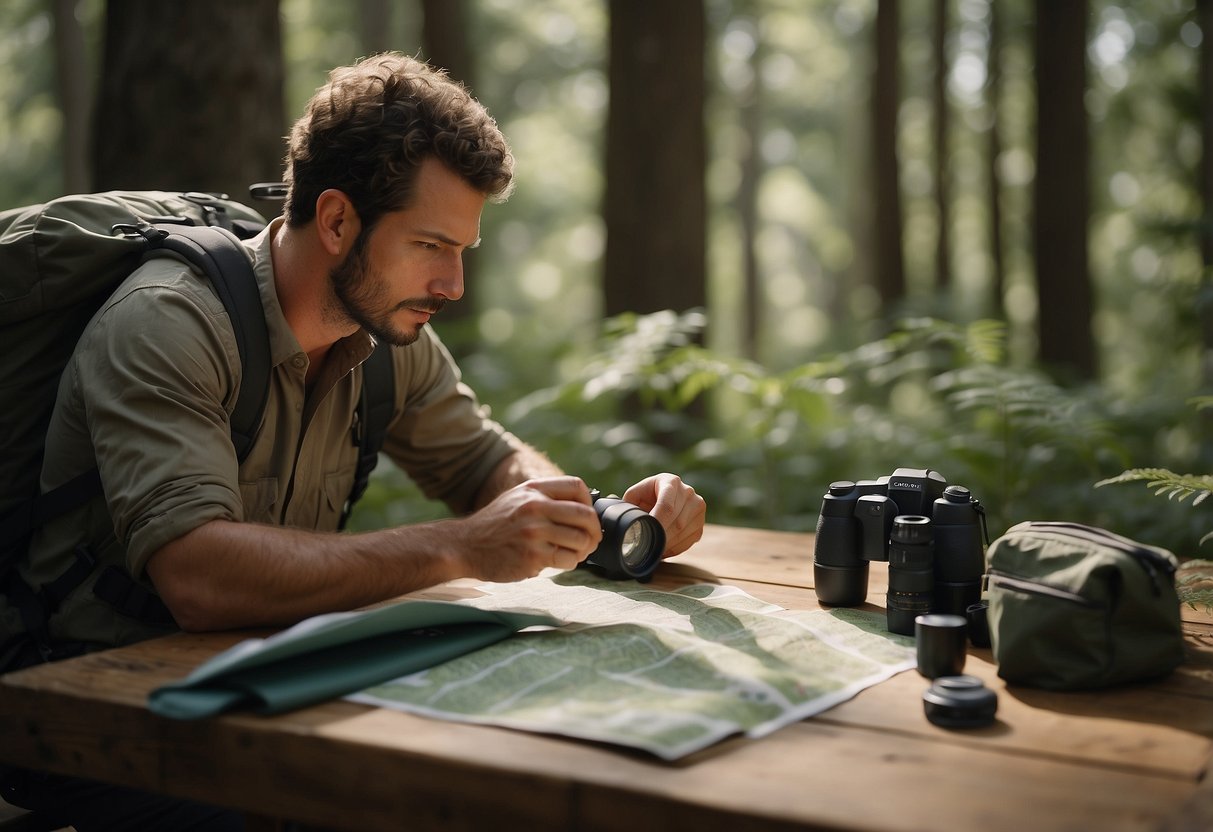 A hiker carefully maps out their wildlife watching route, packing essentials and reviewing safety tips. Binoculars, a map, and a first aid kit are laid out on a table