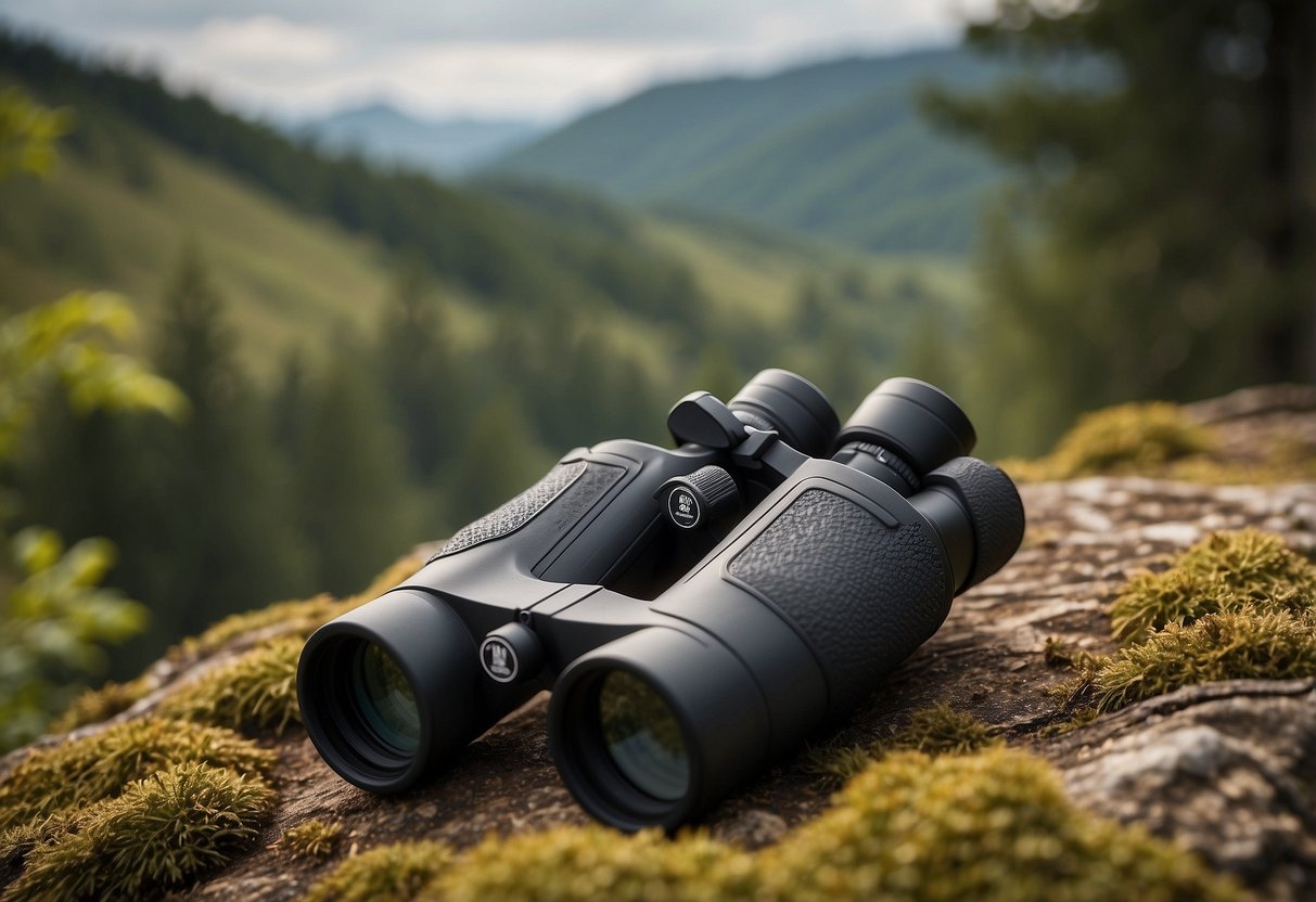 A pair of high-quality binoculars rests on a sturdy surface, surrounded by nature and wildlife. The setting is serene, with no human presence in sight