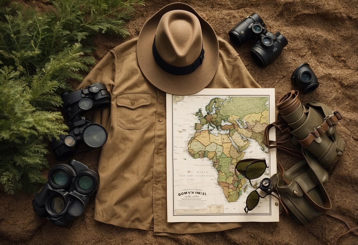 Earth-toned clothing laid out with binoculars, a hat, and a map. Surrounding the items are trees, bushes, and wildlife tracks