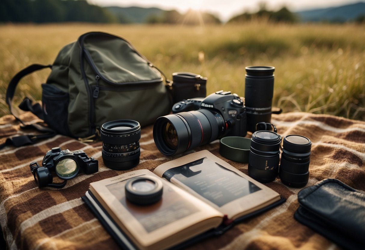 A person setting up a wildlife observation spot: binoculars, camera, and field guide laid out on a blanket. Nearby, a backpack with water and snacks. Safety whistle and first aid kit visible