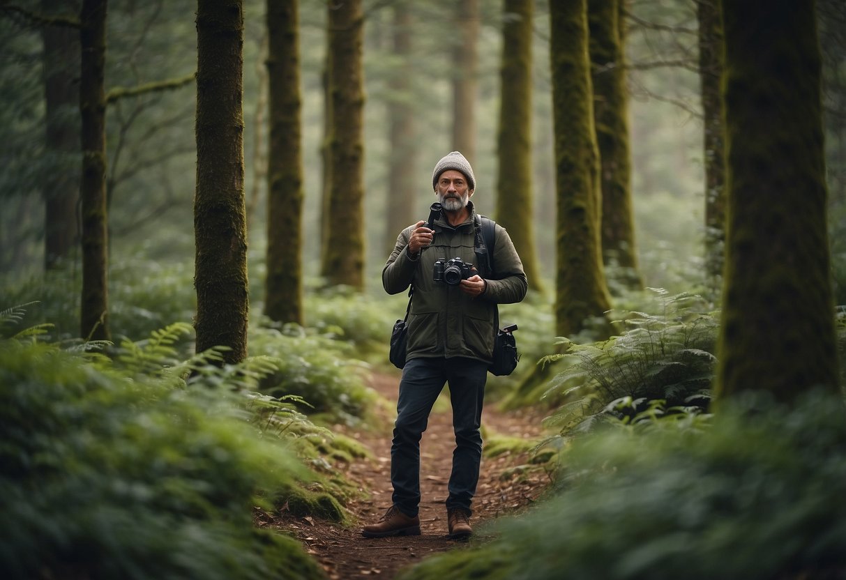 A wildlife watcher stands in a forest clearing, surrounded by trees and bushes. They hold a camera and binoculars, with a sign nearby reading "Avoid Wearing Strong Scents."