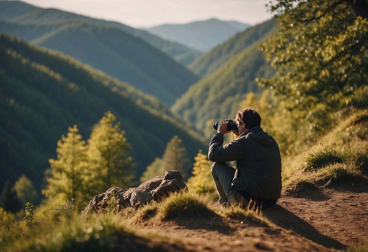 A lone figure observing wildlife from a safe distance, surrounded by nature with binoculars and a camera, following safety tips