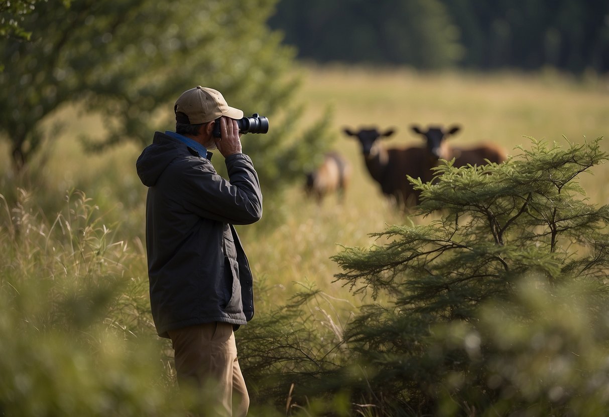 A lone figure observes wildlife from a safe distance, using binoculars and a camera. They move quietly and avoid sudden movements, respecting the animals' space