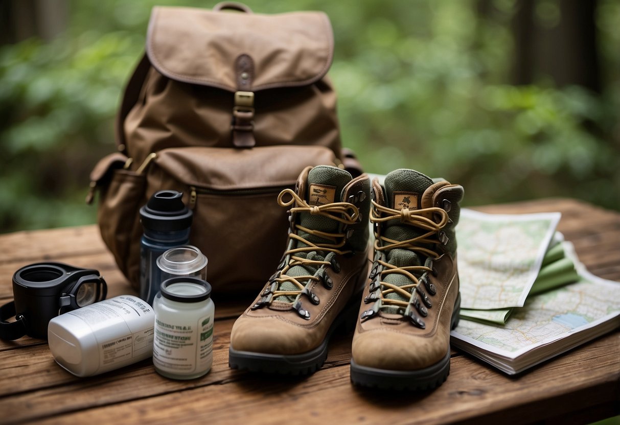 Hiking boots, binoculars, and a map laid out on a wooden table. A backpack is packed with a first aid kit and a whistle. A guidebook on wildlife sits nearby