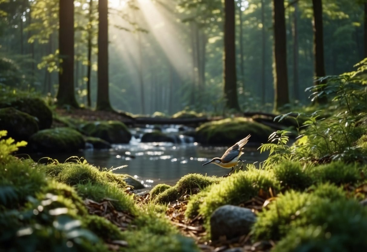 A peaceful forest clearing with diverse wildlife, surrounded by untouched natural habitat. Bird feeders and water sources are strategically placed, and eco-friendly binoculars and cameras are used by observers