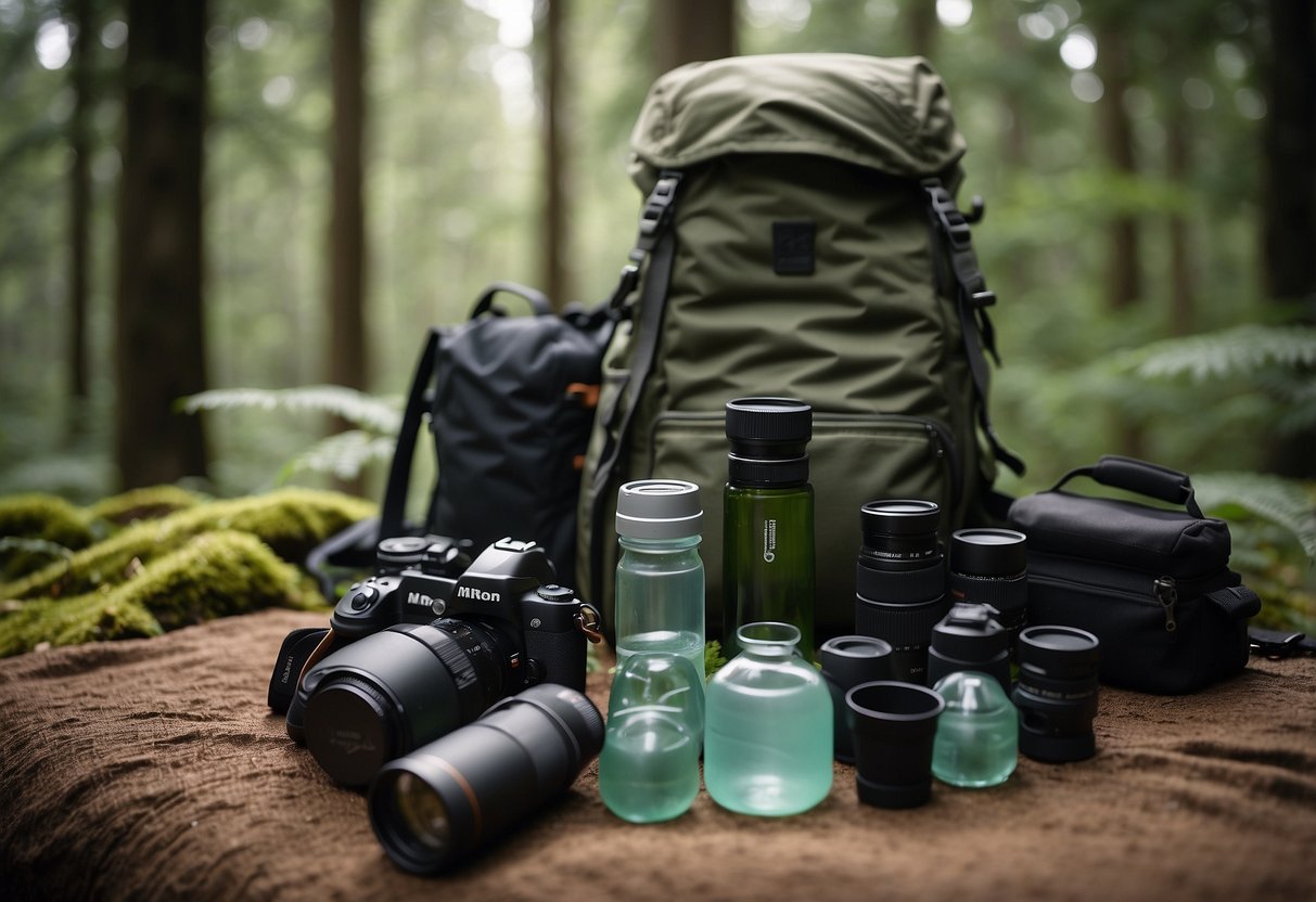 A serene forest clearing with a backpack, binoculars, camera, and reusable water bottle laid out on a blanket. A sign reads "Ethically Sourced Gear" and a variety of wildlife can be seen in the background