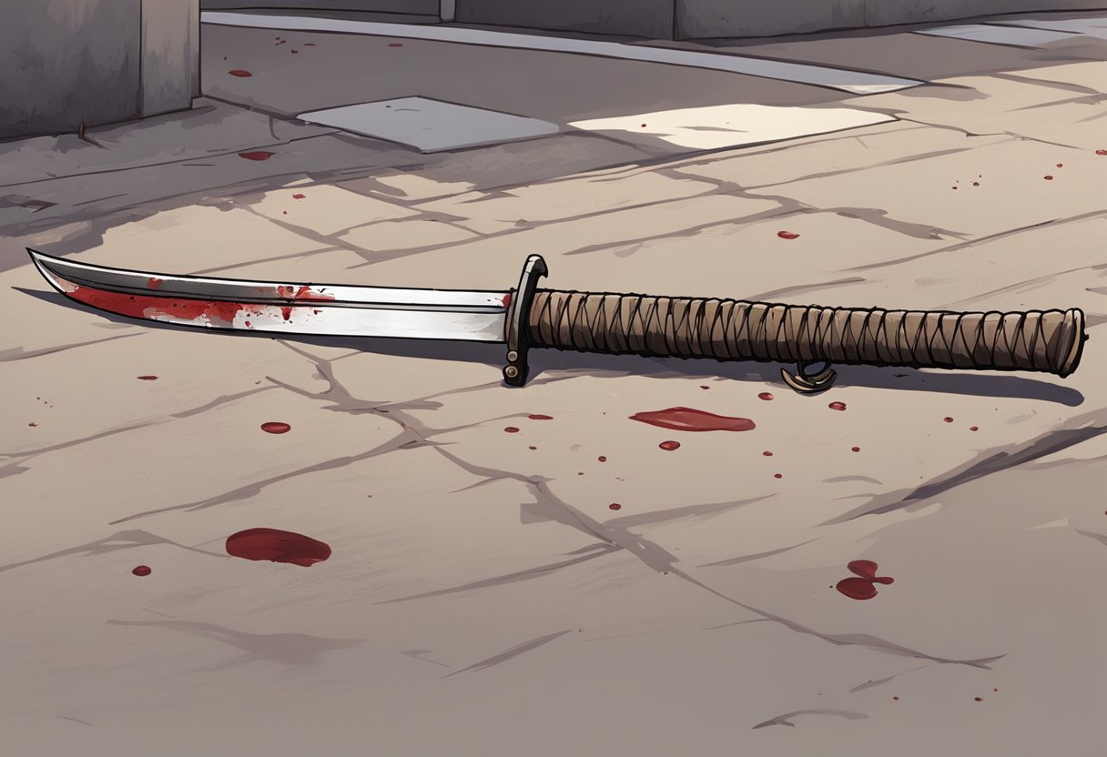 Michonne's katana lies abandoned in a deserted street, blood stains marking the ground