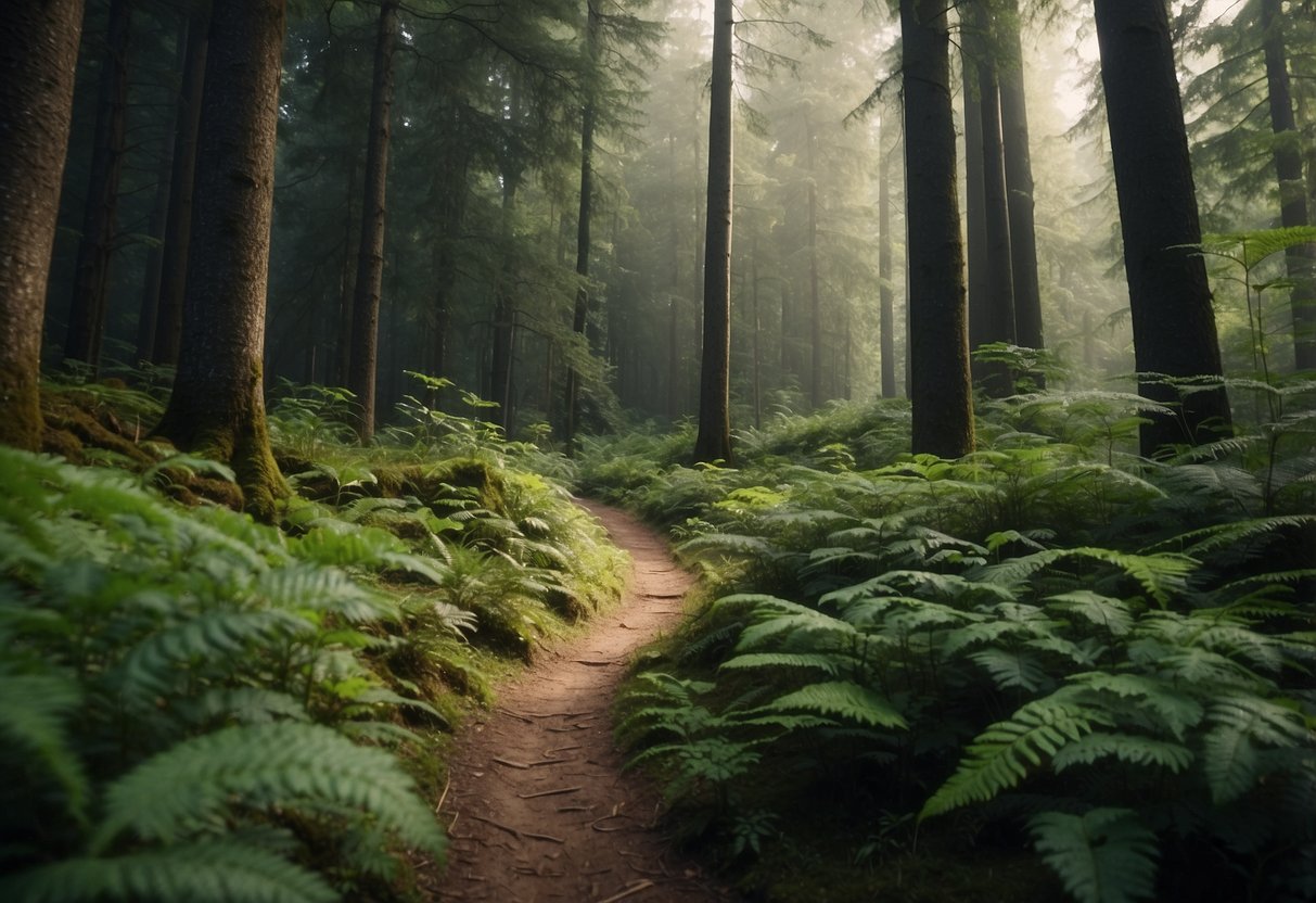 A serene forest with a clearly marked trail winding through lush vegetation. Wildlife can be seen in their natural habitat, undisturbed by human interference