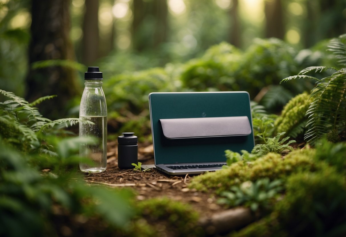 A peaceful forest clearing with diverse wildlife, a binocular-wielding figure using a recyclable notebook, and a reusable water bottle. The scene is surrounded by lush greenery and vibrant flora, emphasizing the importance of eco-friendly wildlife watching