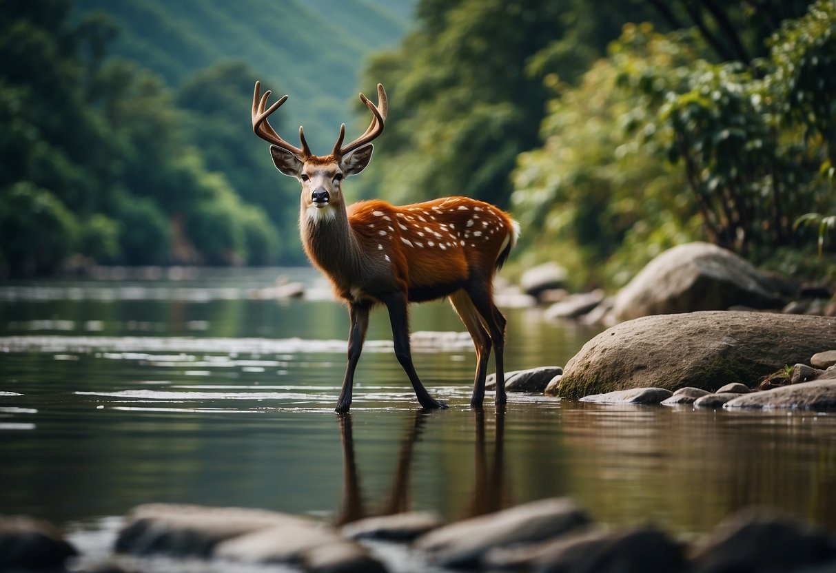 A lush forest with diverse wildlife, including colorful birds, playful monkeys, and graceful deer, all surrounded by a tranquil river and towering mountains