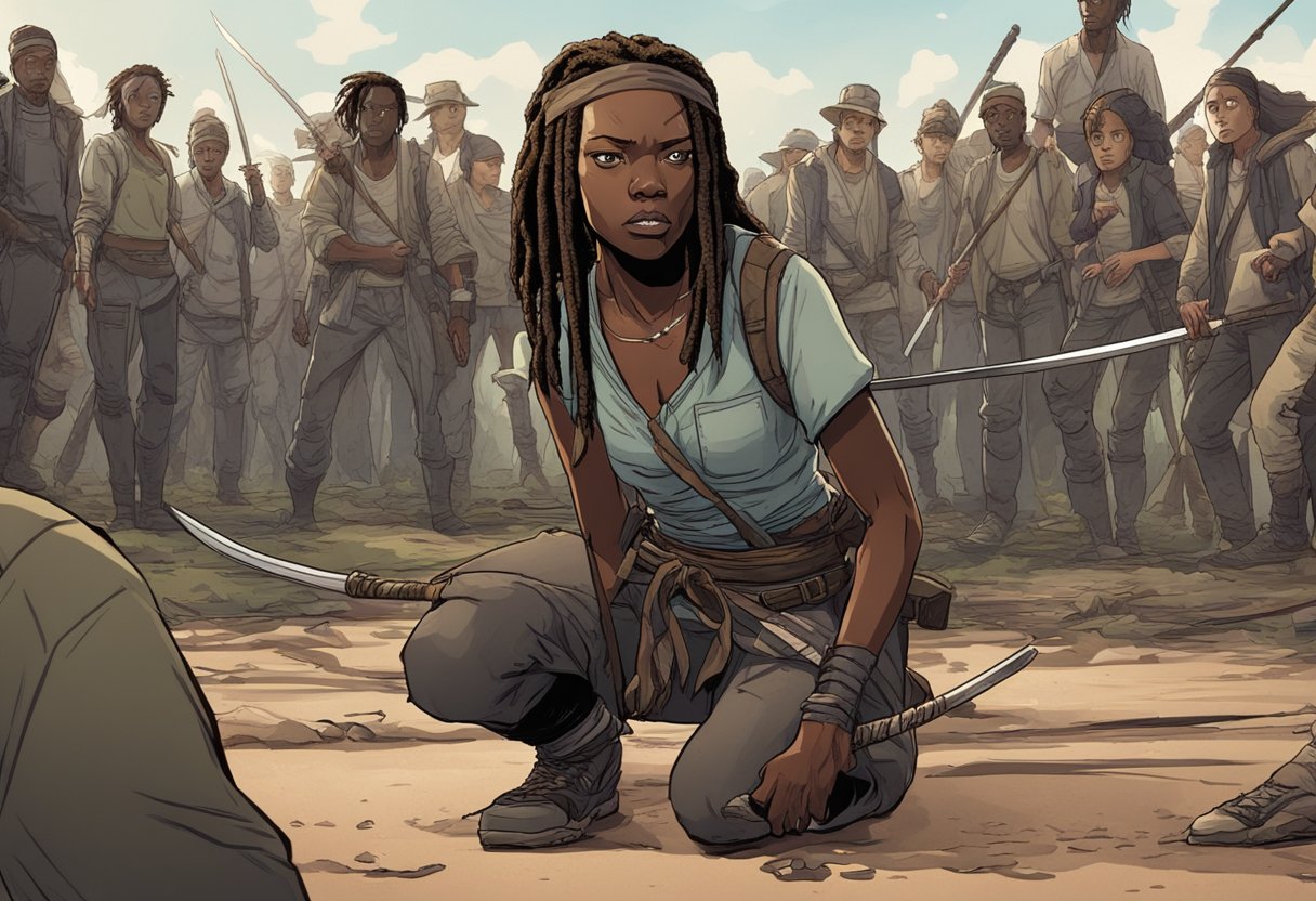 Michonne's katana lies broken on the ground, surrounded by walkers. Her determined eyes reflect the struggle she faces