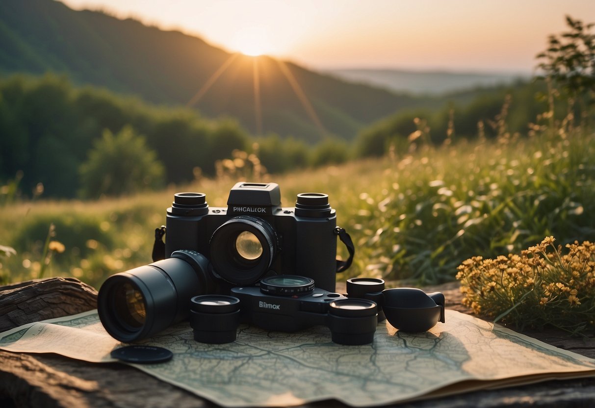 Wildlife habitat with diverse flora and fauna, clear streams, and dense forest. Binoculars, camera, and field guide laid out on a map. Sunrise over the horizon