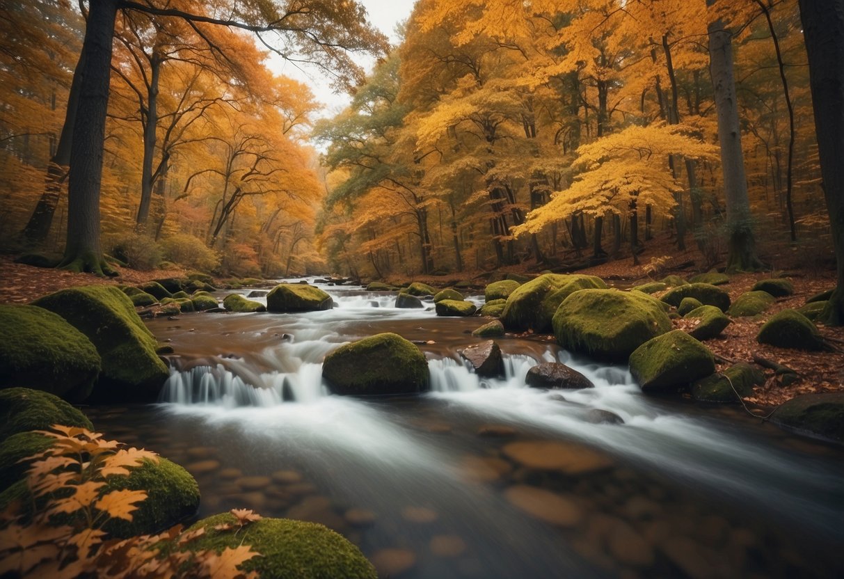 A serene forest with vibrant autumn foliage, a calm river flowing through, and various wildlife such as deer, birds, and squirrels in their natural habitat