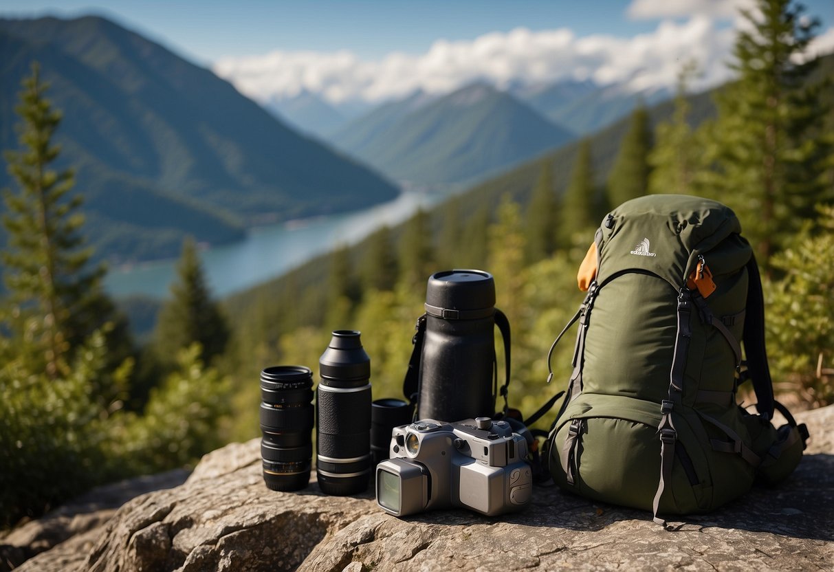 A backpack sits open, filled with binoculars, a camera, a map, and a water bottle. A tent and sleeping bag are nearby. Trees and mountains are in the background