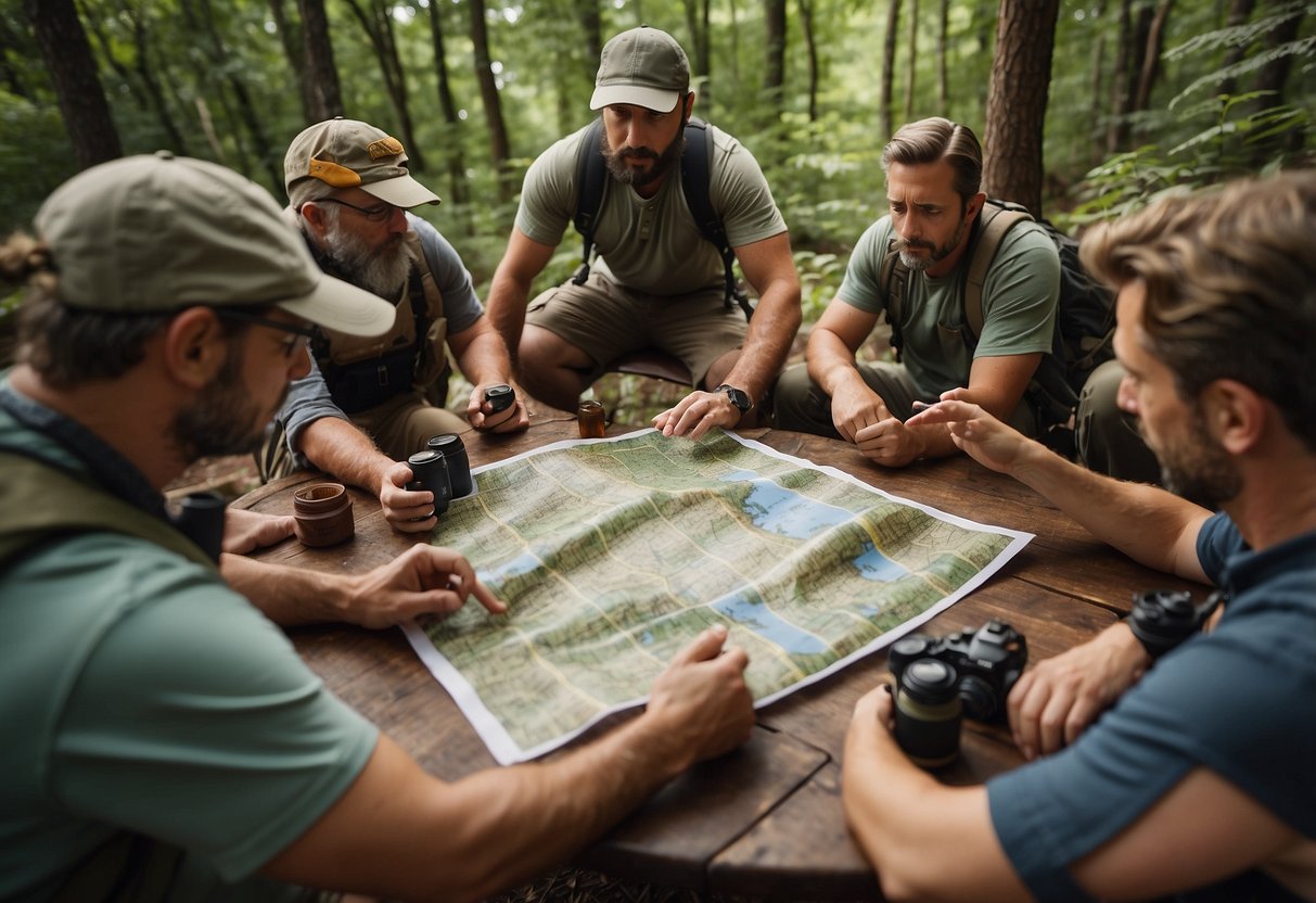 A group of wildlife enthusiasts gather around an experienced guide, studying maps and discussing plans for a multi-day wildlife watching trip. Binoculars, backpacks, and camping gear are scattered around the table