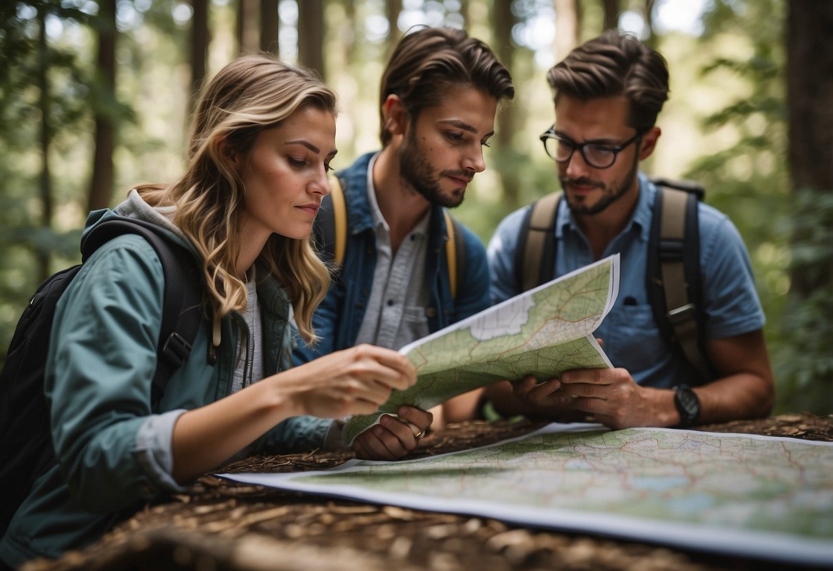 A group of wildlife enthusiasts carefully review a map and checklist, ensuring they comply with local regulations for their multi-day trip