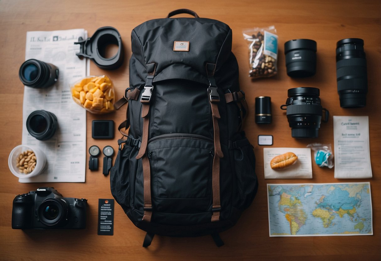 A person packs a backpack with binoculars, camera, and snacks. They check maps and weather forecasts. They stretch and take deep breaths before heading out