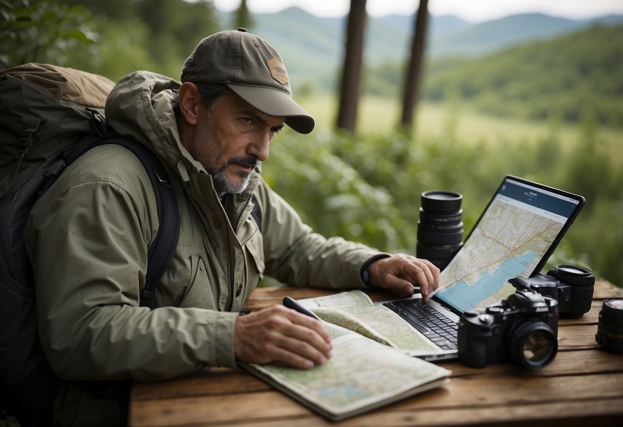 A wildlife enthusiast carefully maps out a multi-day trip, surrounded by maps, guidebooks, and a laptop, with binoculars and a camera ready to pack