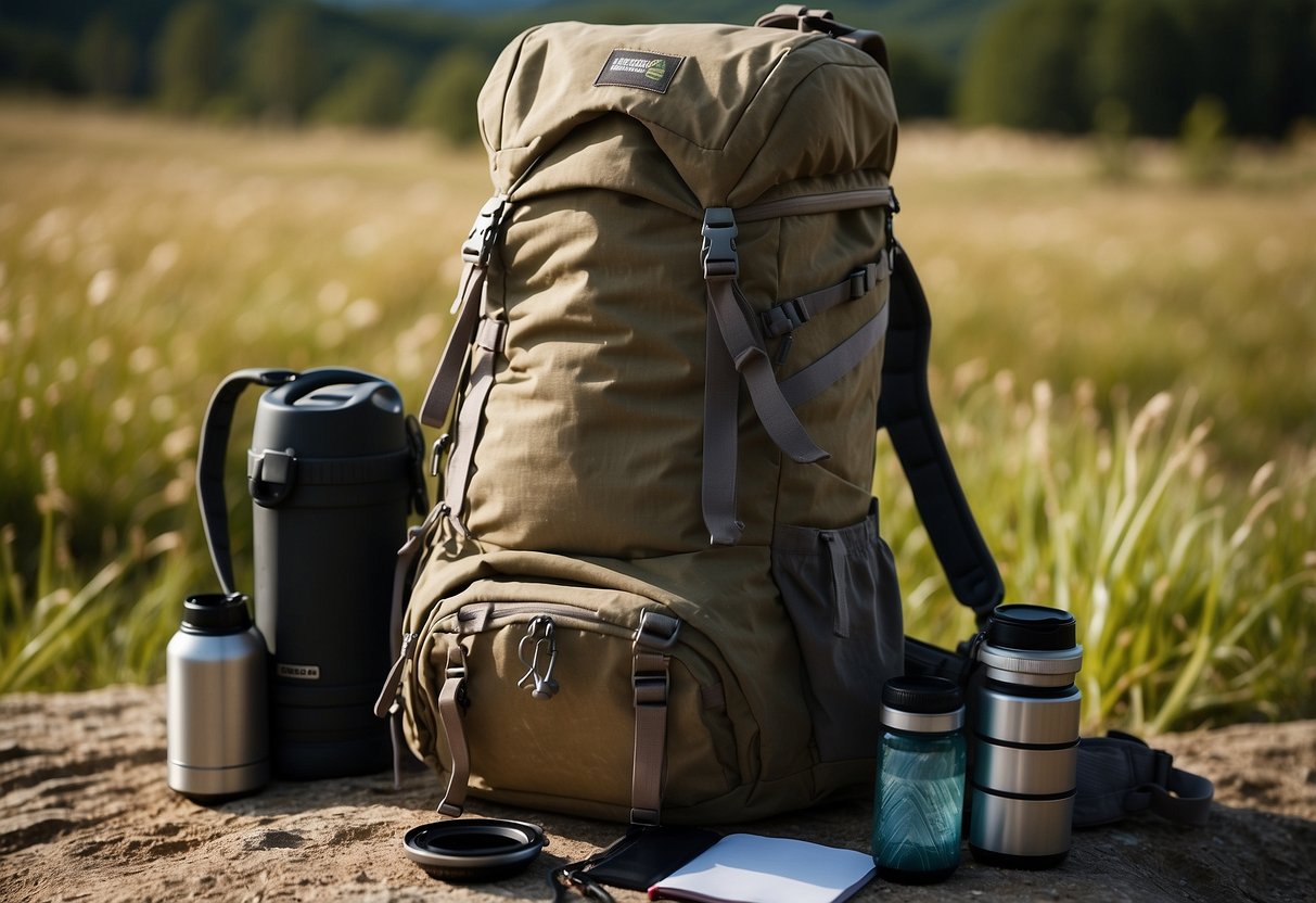 A backpack open on the ground, filled with camping gear, binoculars, and a field guide. A map and notebook lay next to it, with a camera and water bottle nearby