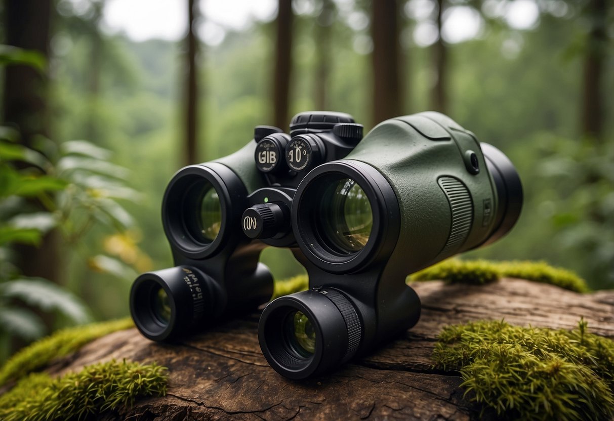 A pair of Canon 10x30 IS II binoculars resting on a sturdy tripod, pointed towards a lush forest with various wildlife in the distance