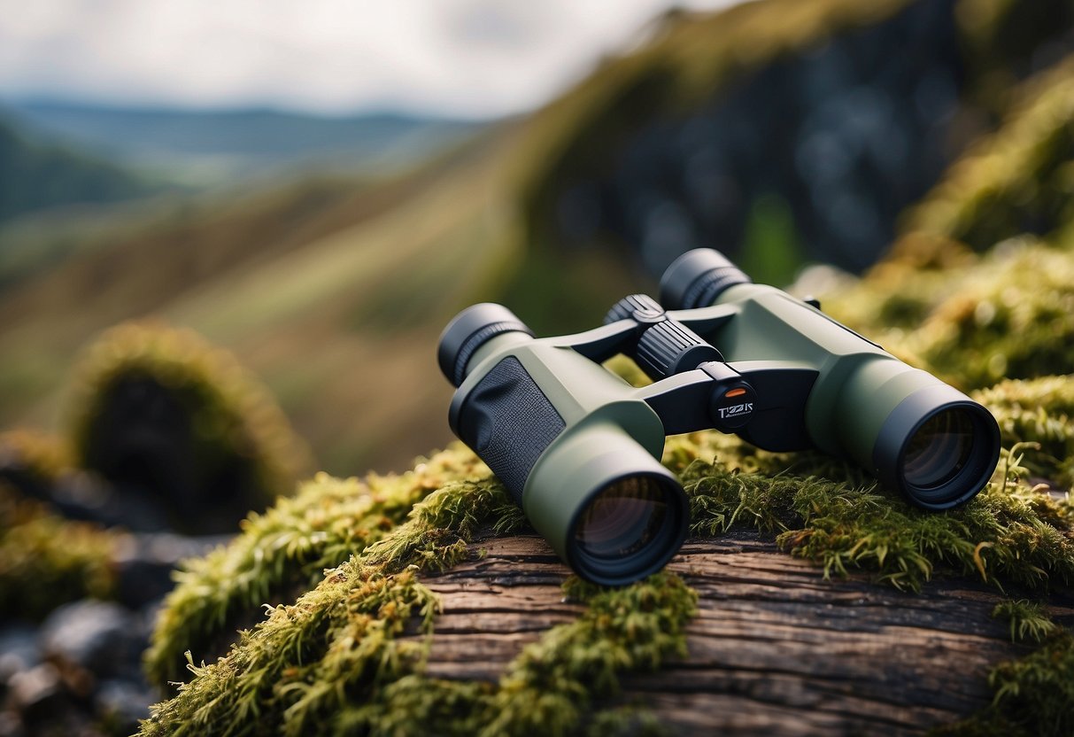 A pair of Zeiss Terra ED 5 binoculars resting on a mossy log, with a pair of vibrant birds in the distance