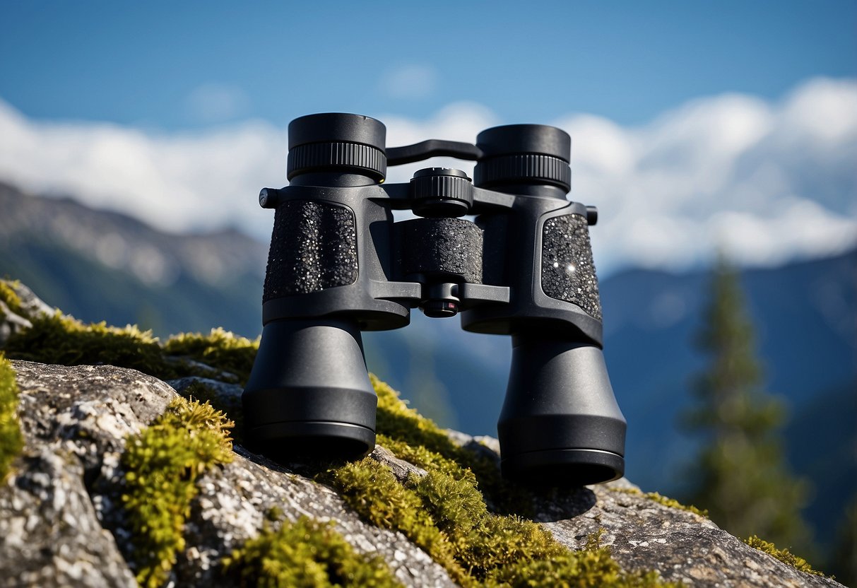 A pair of Swarovski EL 8.5x42 binoculars resting on a mossy rock, with a majestic eagle soaring through a clear blue sky in the background