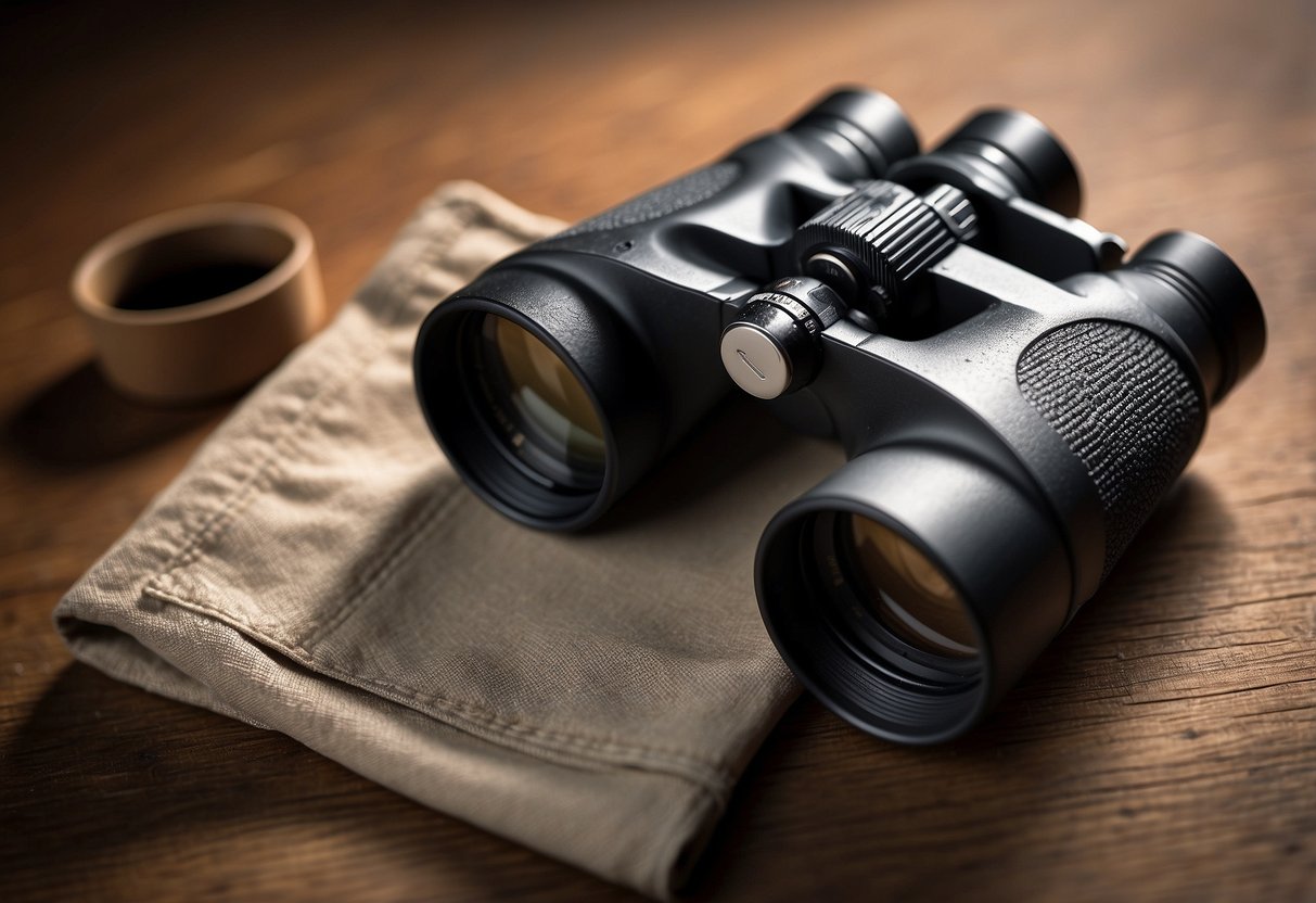 Binoculars laid out on a clean, flat surface with a soft cloth, lens cleaning solution, and a small brush nearby. A list of "5 Best Binoculars for Wildlife Watching" displayed next to them