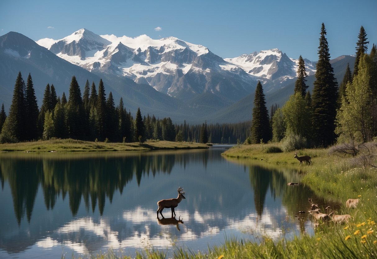 A serene lake reflects the towering snow-capped mountains, as a family of deer graze peacefully in the lush meadow. A variety of birds flit through the trees, while a bear wanders along the water's edge in this picturesque wildlife watching