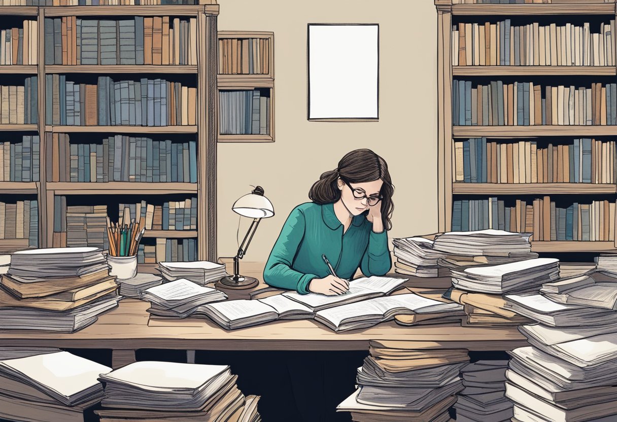 Molly Lansing-Davis sits at her desk, surrounded by books and papers. She is deep in thought, pen in hand, as she writes furiously