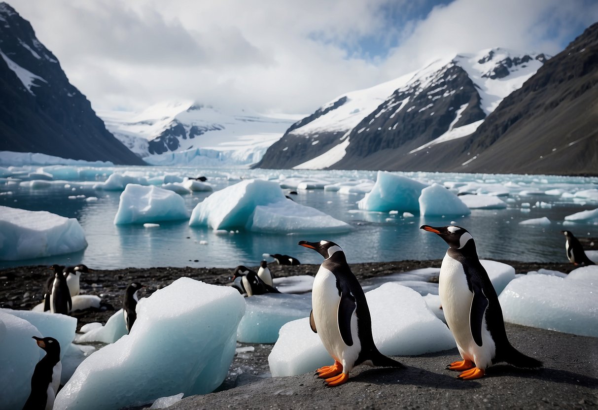 Gentoo penguins waddle on the icy shores of the Antarctic Peninsula, with majestic glaciers in the background. A humpback whale breaches in the frigid waters nearby, while a colony of seals basks on the snow-covered rocks