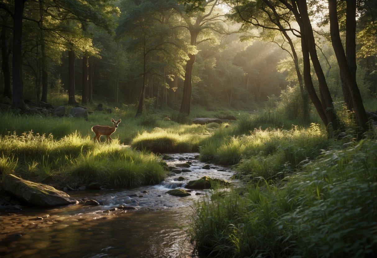 A serene forest clearing with diverse wildlife, including deer, birds, and small mammals. A meandering stream flows through the scene, with lush vegetation and towering trees providing a picturesque backdrop