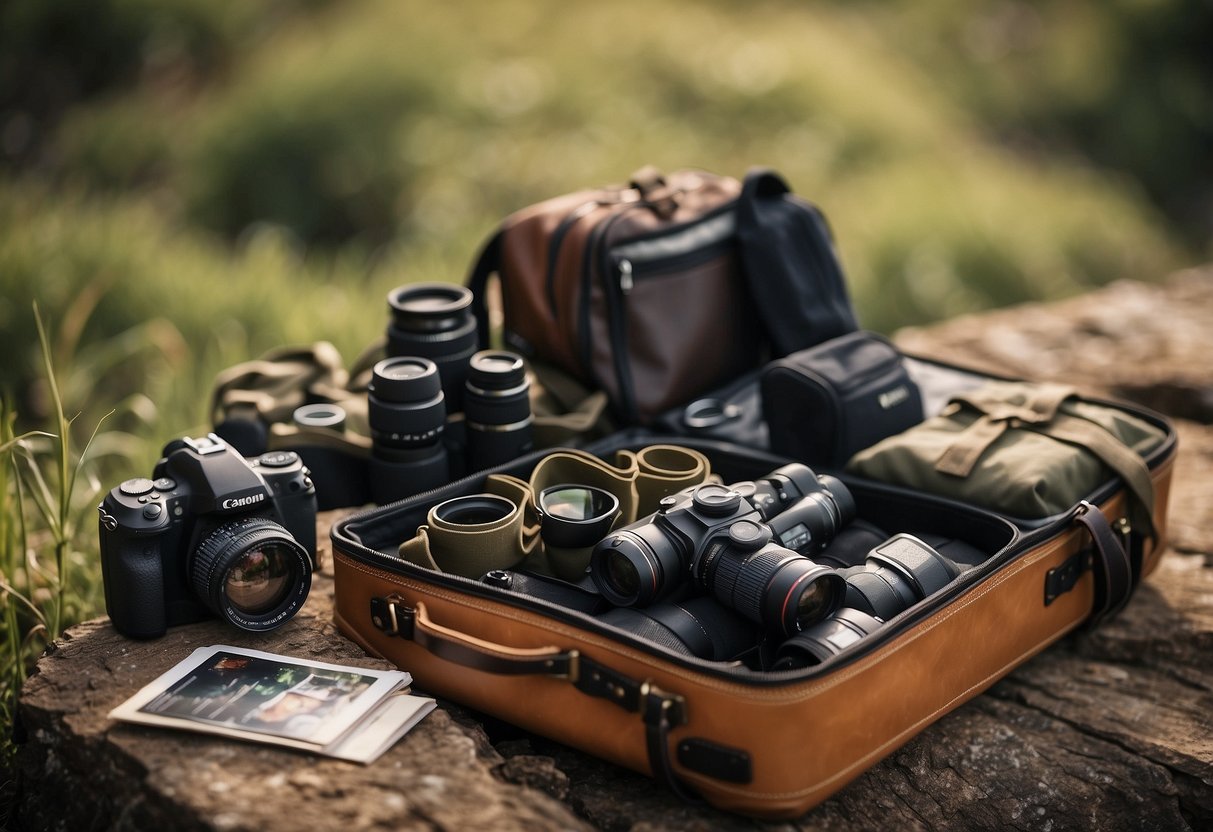 A suitcase filled with binoculars, camera, field guide, and appropriate clothing for various weather conditions. Packing cubes neatly organize gear, while a checklist ensures nothing is forgotten