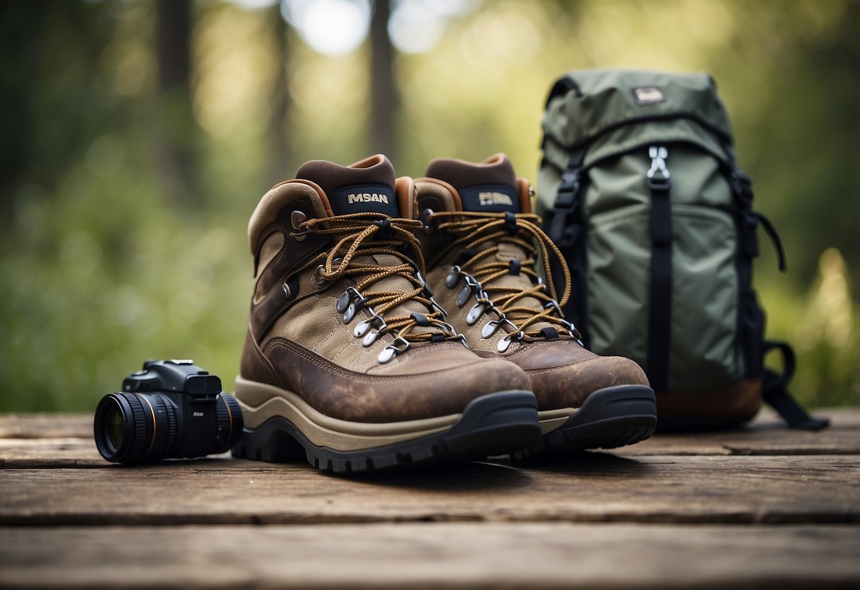 Lightweight hiking boots arranged neatly next to a backpack, binoculars, and a field guide on a rustic wooden table