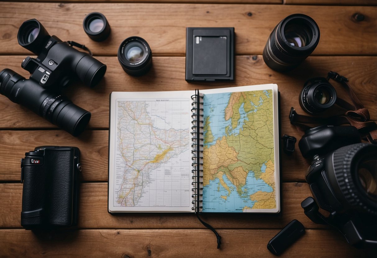 A weatherproof notebook lies open on a wooden table, surrounded by binoculars, a camera, and a map. The notebook's pages are filled with tips for packing efficiently for a wildlife watching trip