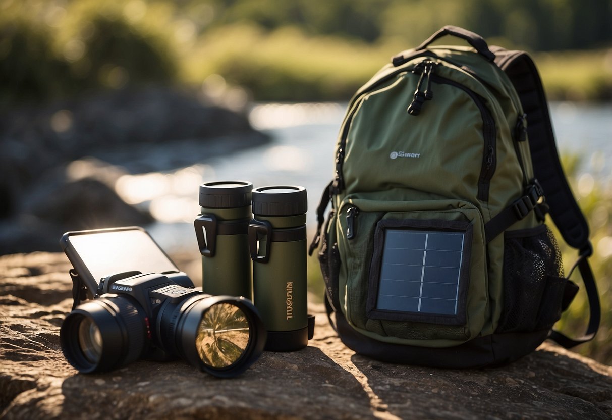 A solar-powered charger sits on a backpack next to a pair of binoculars, a water bottle, and a map. The sun shines down on the equipment, highlighting its use for a wildlife watching trip