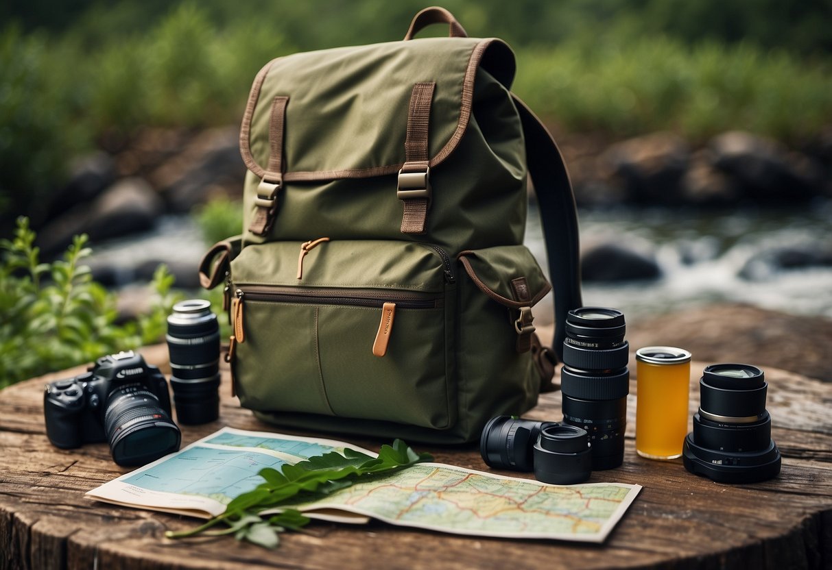 A waterproof backpack filled with binoculars, a camera, a field guide, snacks, a water bottle, a rain jacket, and a map for a wildlife watching trip