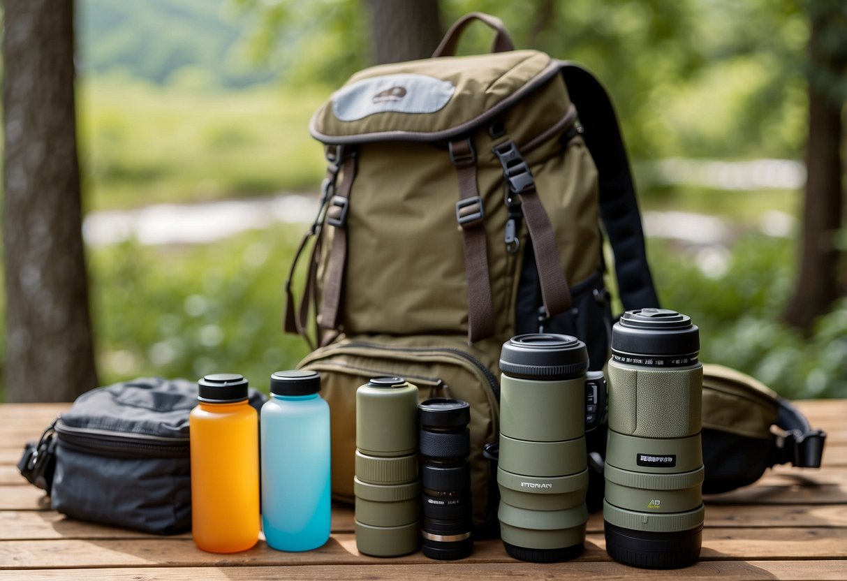 A backpack open on a wooden table, filled with binoculars, camera, water bottle, map, sunscreen, and insect repellent. Nearby, a pair of hiking boots and a hat