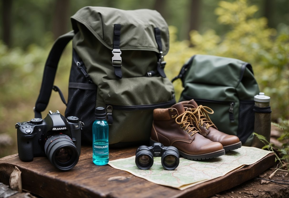 A backpack filled with binoculars, a camera, a water bottle, a map, and a first aid kit sits next to a pair of sturdy hiking boots and a wide-brimmed hat