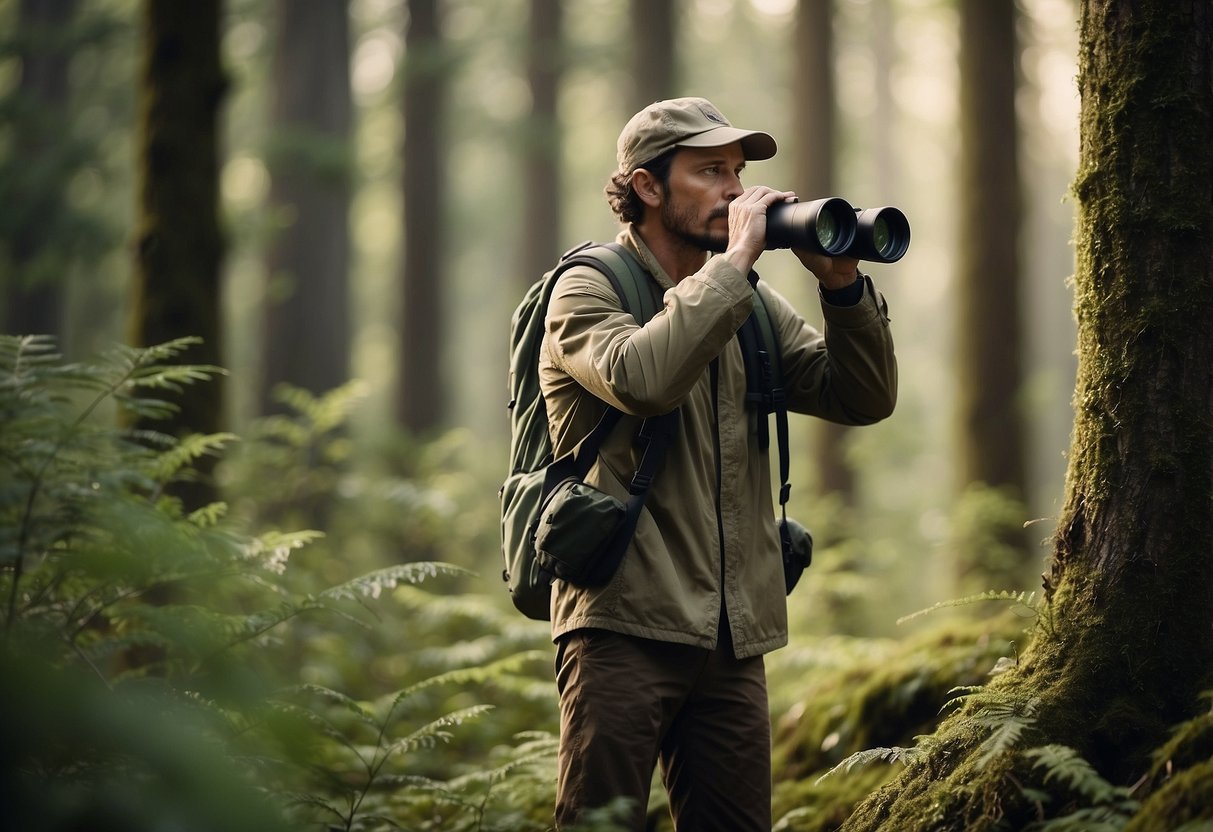 A hiker in lightweight, neutral-colored clothing watches wildlife through binoculars in a serene forest clearing