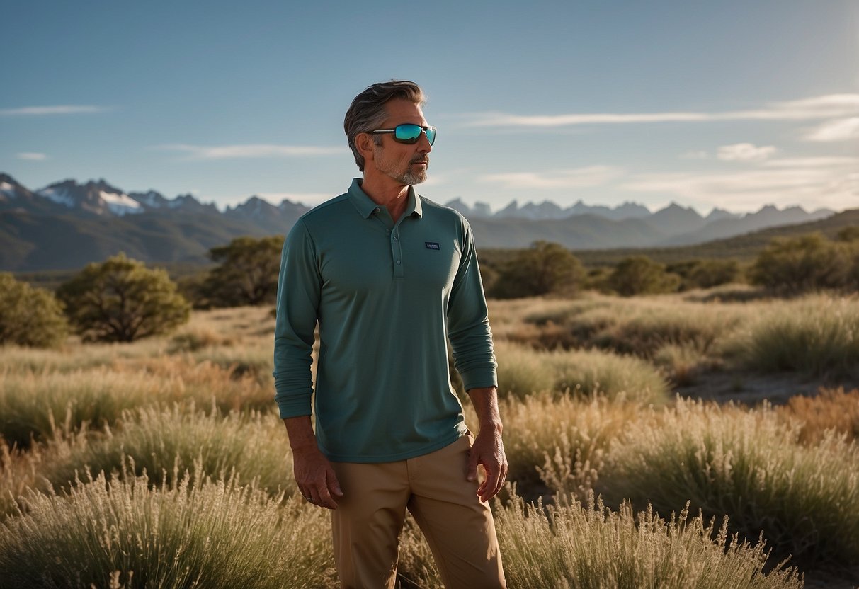 A man wearing Patagonia Men's Long-Sleeve Capilene Cool 5 stands in a grassy field, binoculars around his neck, observing wildlife. The lightweight, breathable fabric of the shirt keeps him comfortable as he watches nature