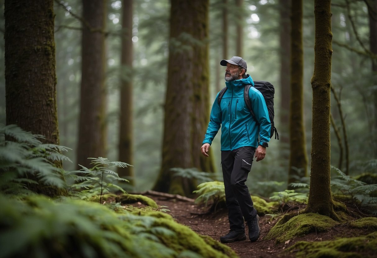 A figure stands in the forest, wearing Arc'teryx Gamma LT Softshell Pant, binoculars in hand, observing wildlife. The lightweight, durable fabric blends seamlessly with the natural surroundings