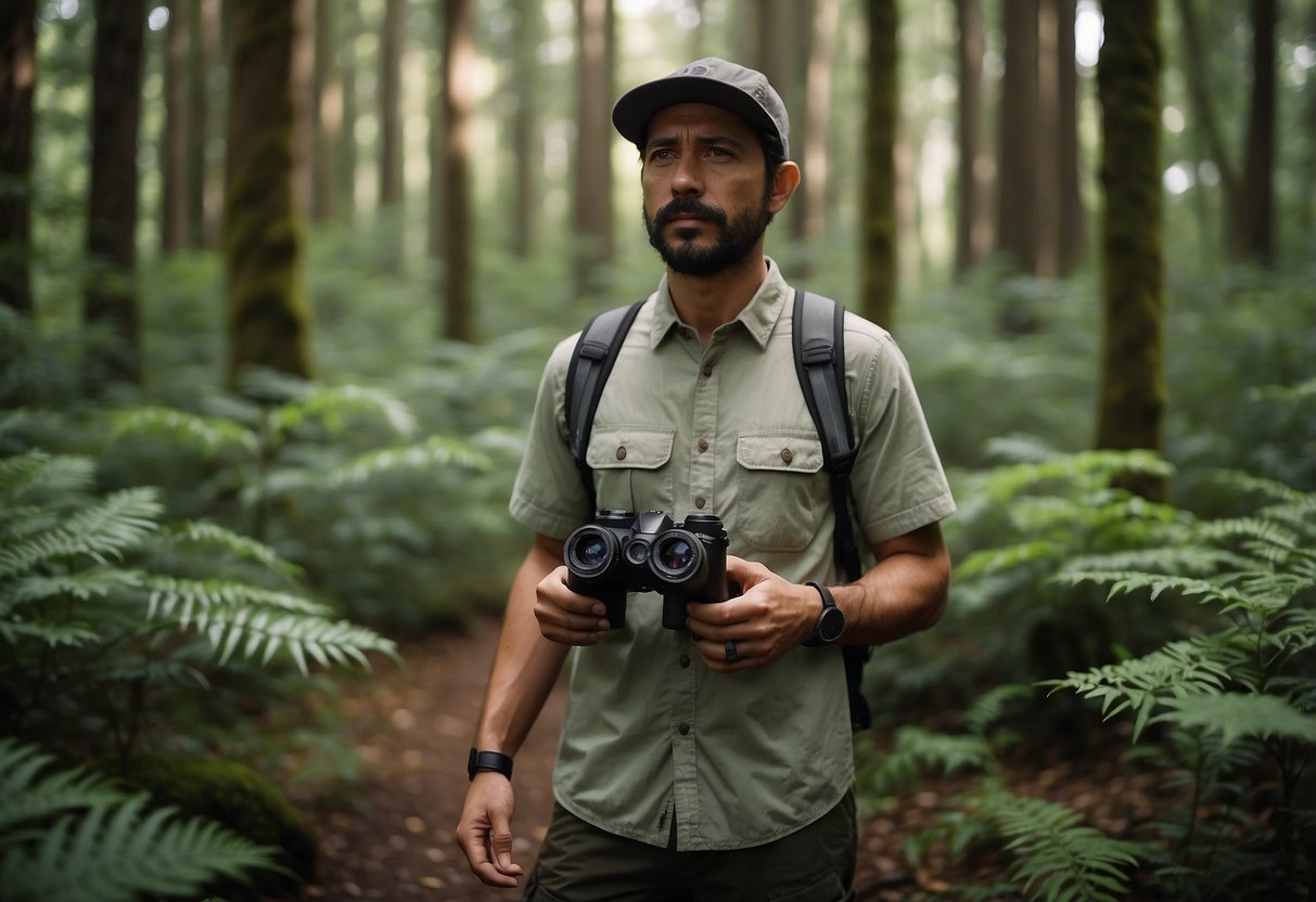 A hiker stands in a lush forest, wearing a Columbia Silver Ridge Lite shirt. They observe wildlife with binoculars, surrounded by lightweight outdoor gear