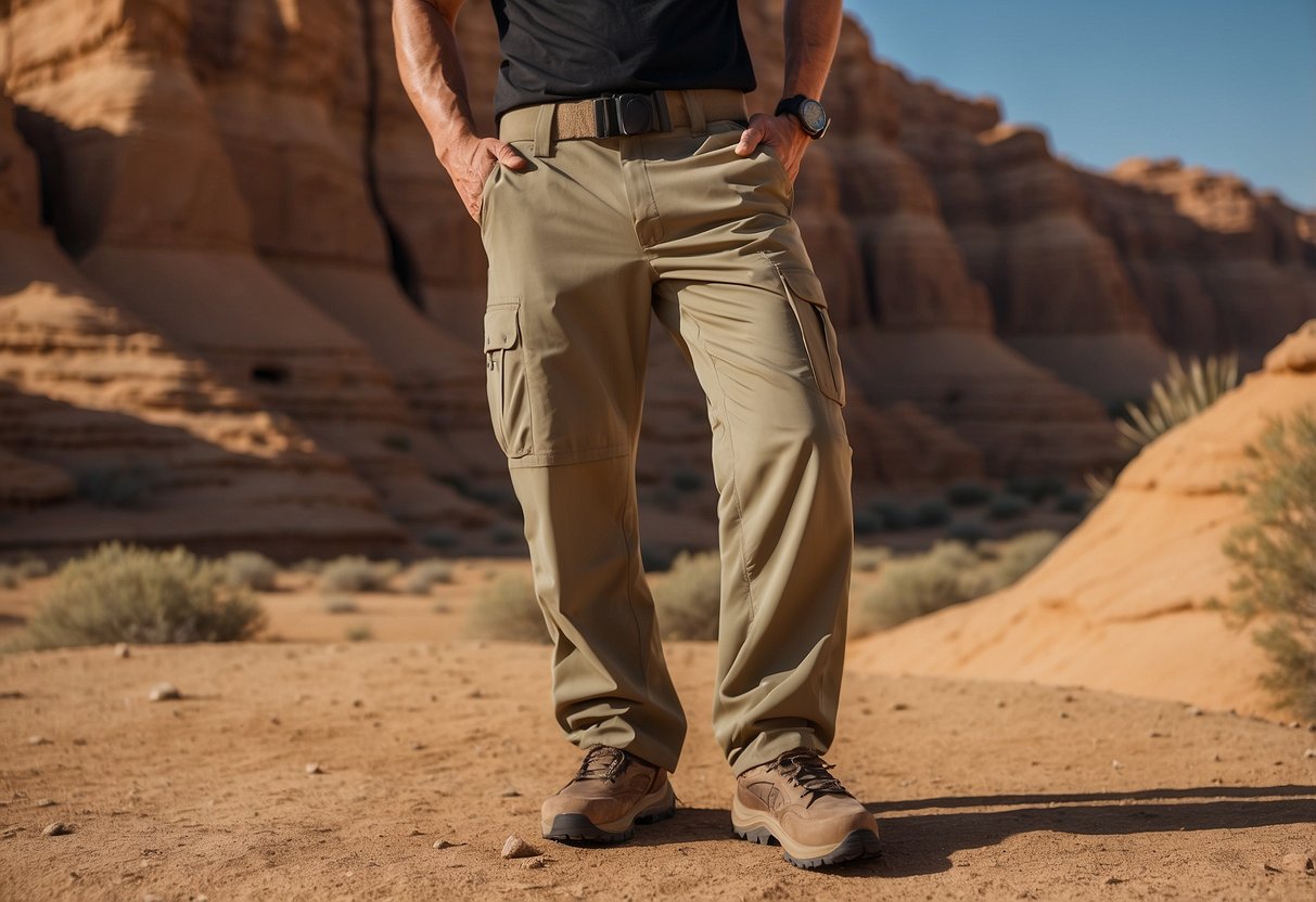 The Sahara Convertible Pants are displayed on a rocky desert terrain, surrounded by wildlife and nature. The pants are lightweight and versatile, perfect for wildlife watching