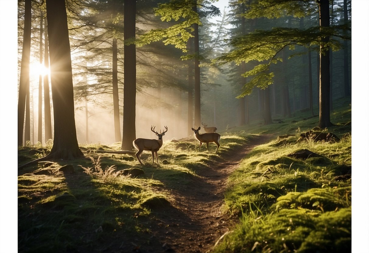 A serene forest clearing with a variety of wildlife, including birds, deer, and small mammals, all peacefully coexisting. The sunlight filters through the trees, casting a warm glow on the lightweight, breathable apparel worn by wildlife watchers