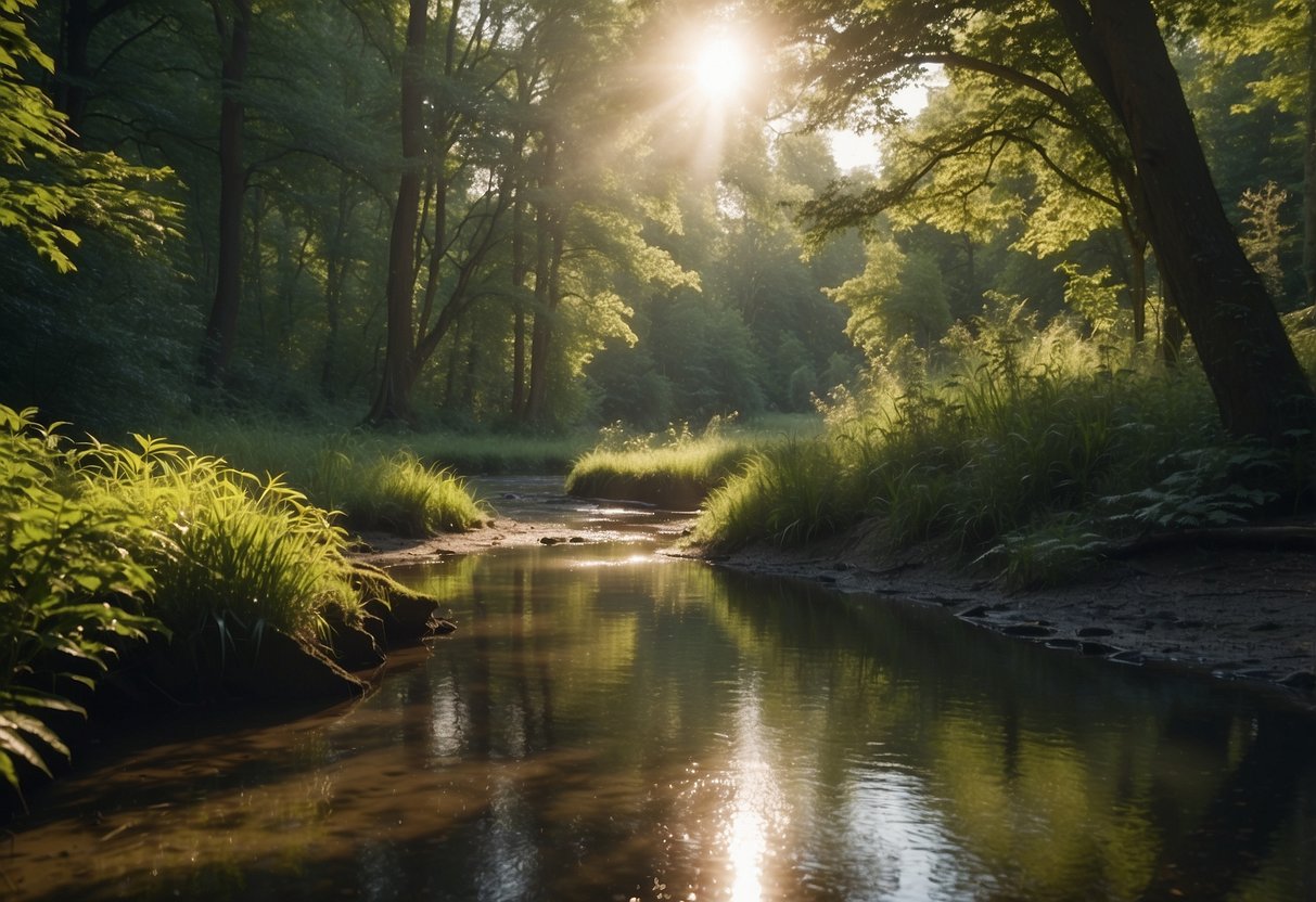 A serene forest clearing with a bubbling stream, dappled sunlight, and a variety of wildlife such as birds, deer, and rabbits. The apparel should be lightweight and blend in with the natural surroundings